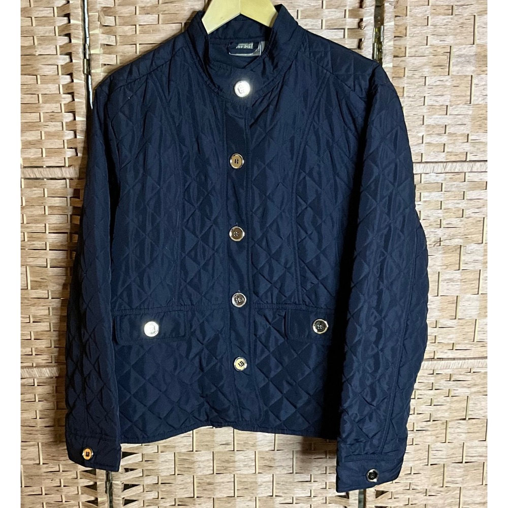 Jane Ashley Quilted Black Jacket Womens Size L Collared Gold Button Casual